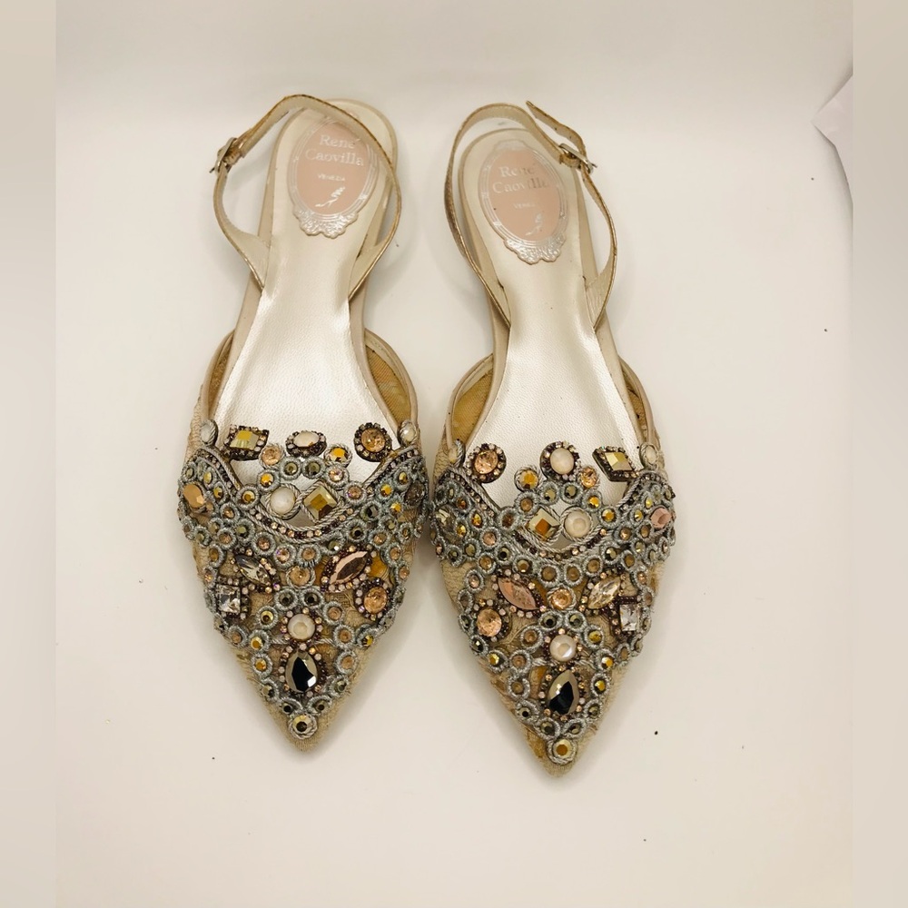 Rene Caovilla Champagne Bejeweled Pointed Slingback Flats